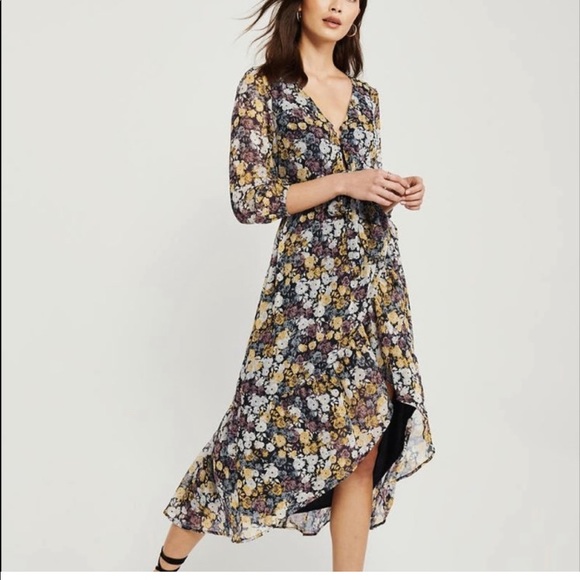 NEW Abercrombie and Fitch Ruffle Hem Midi Dress black floral NWT with scrunchie - Picture 5 of 12